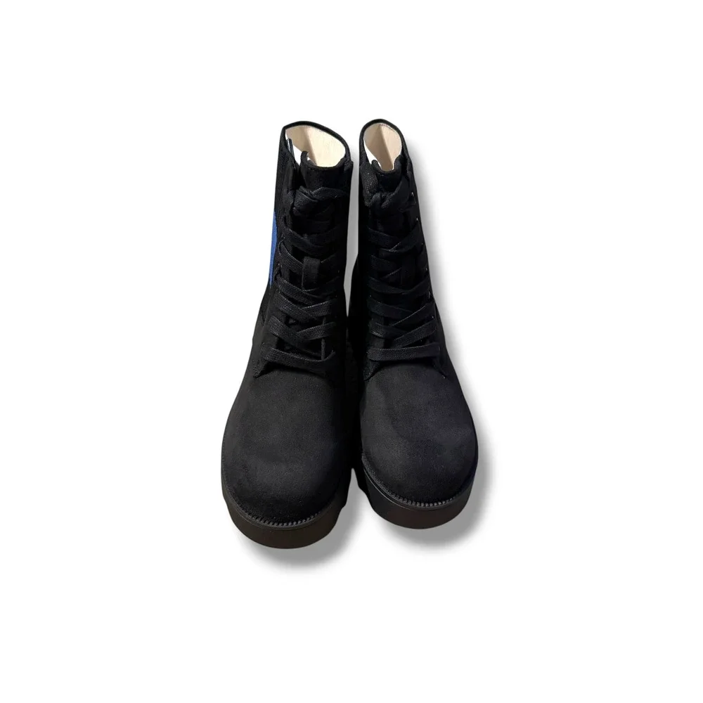 Aerosoles Kids Sirie Combat Boots Youth Sz 1 Black Blue Ribbed Knit Lug Sole NEW